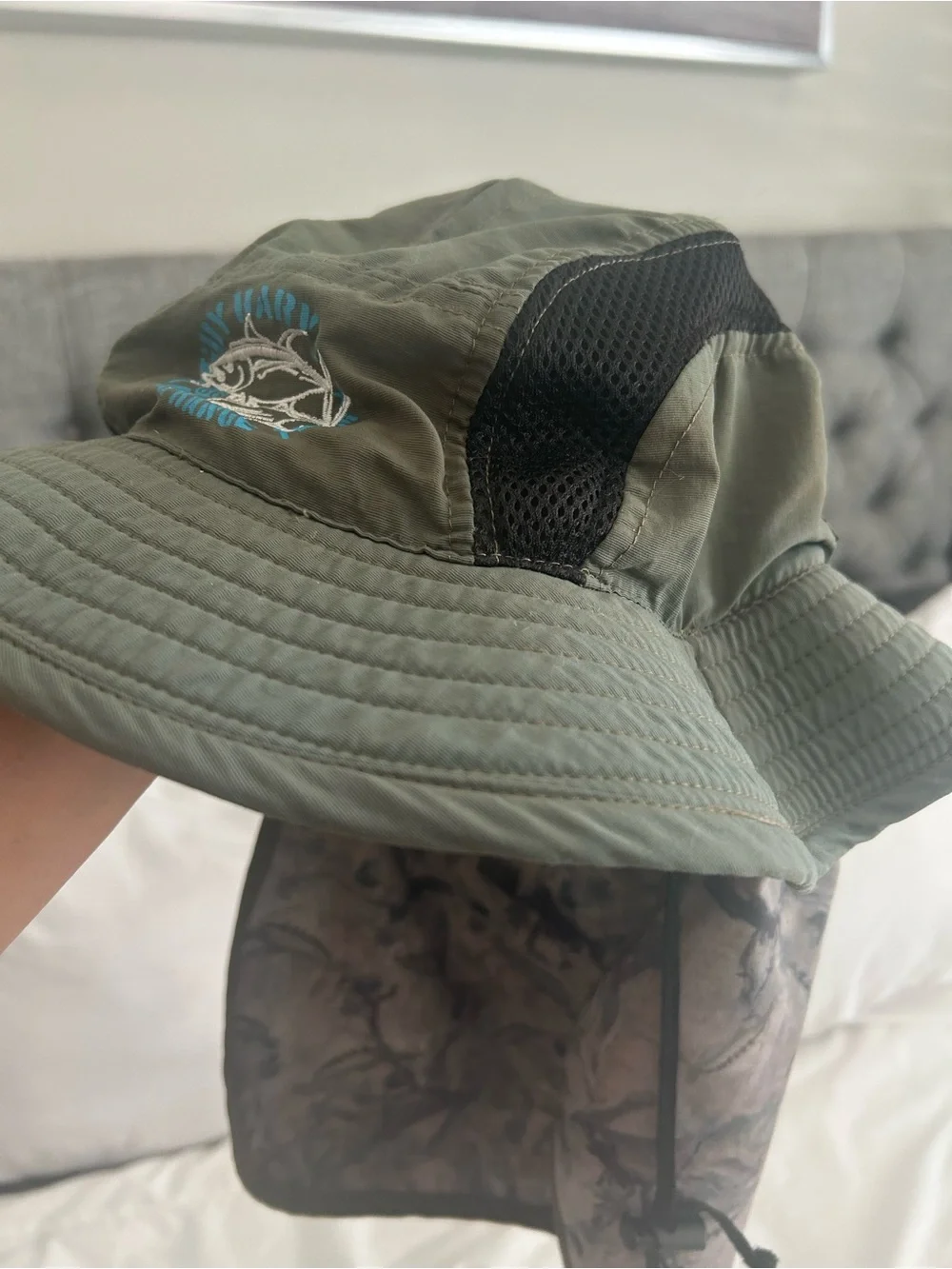Guy Harvey Olive Green Mesh Sun Bucket Hat with Neck Flap